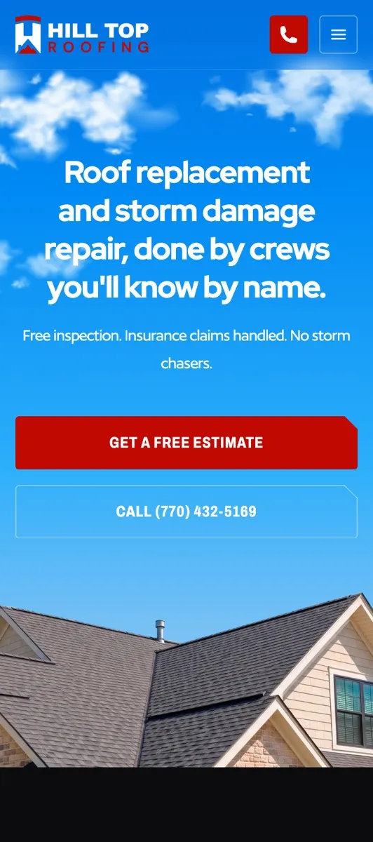 The Hill Top Roofing website on a phone